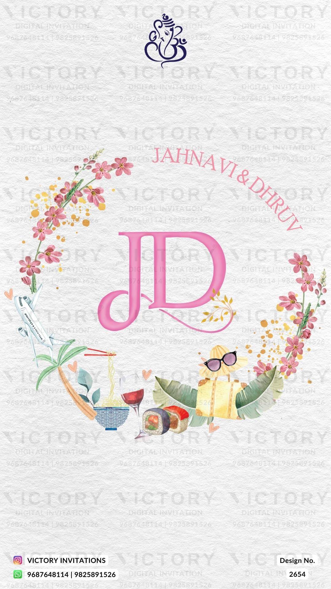 Charming couple caricature invitation card for Save the Date in English language with flowers as two city theme design 2654