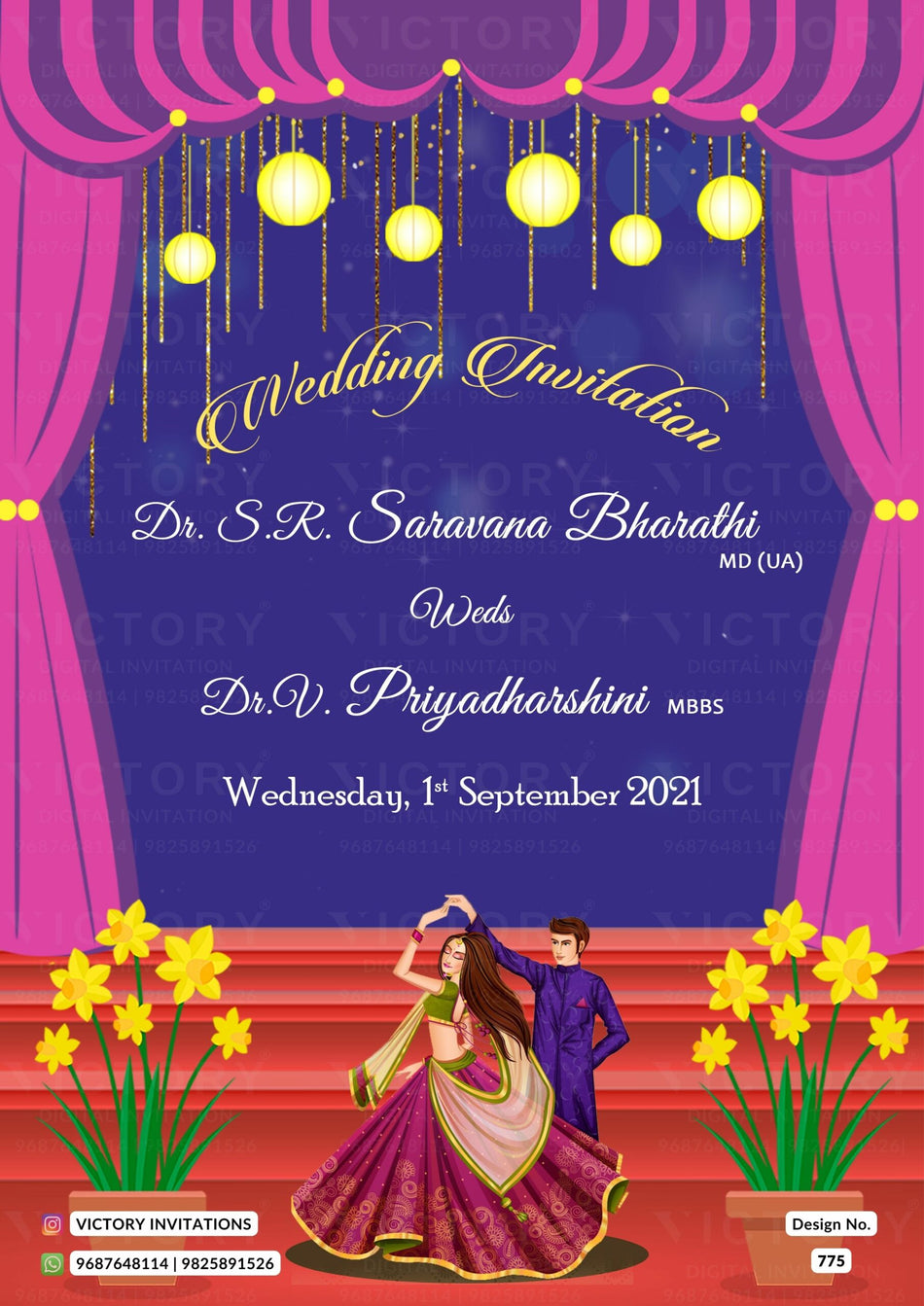 Wedding ceremony invitation card of hindu south indian tamil family in English language with curtains theme design 775