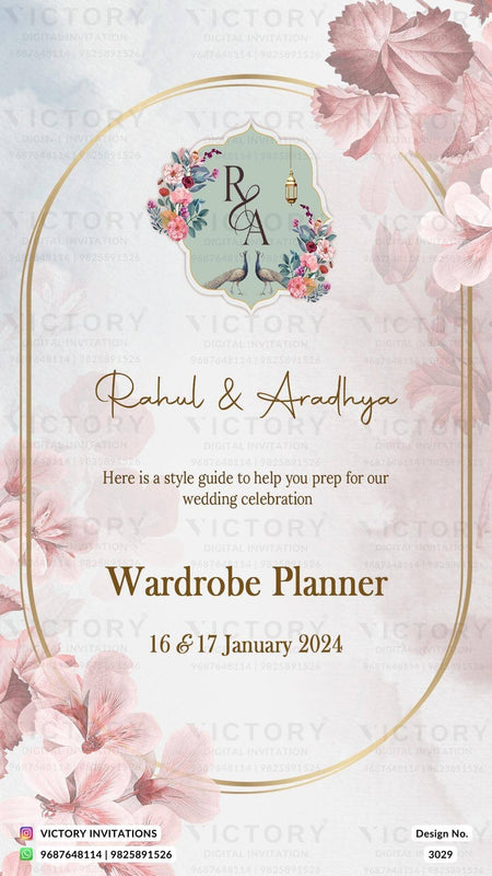 Wardrobe planner invitation card in english language with flowers, couple doodles as floral theme design 3029