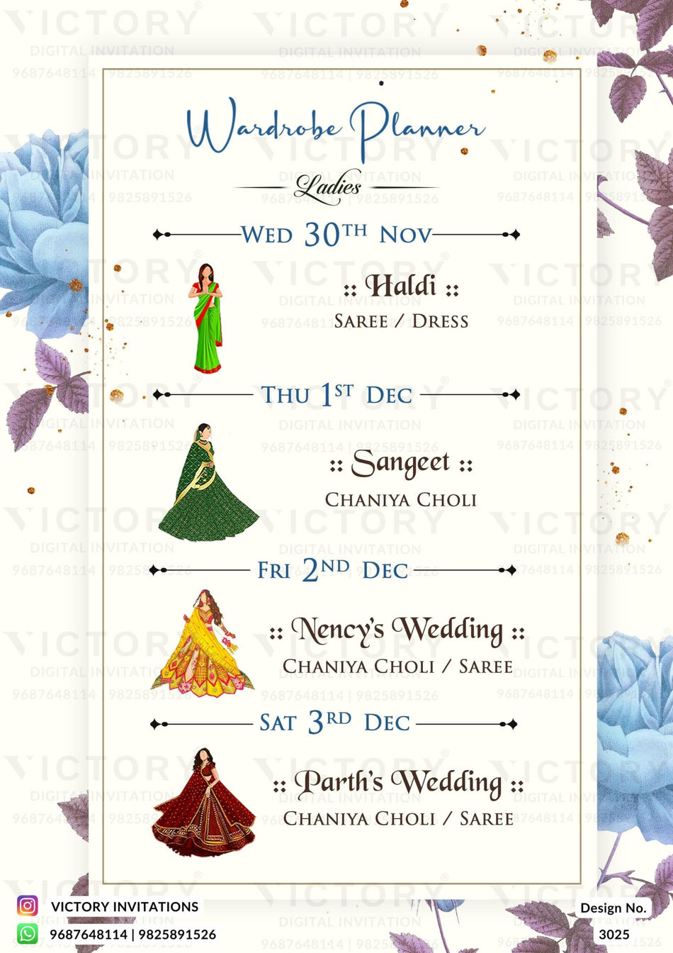 Wardrobe planner invitation card in english language with flowers, couple doodles as floral theme design 3025