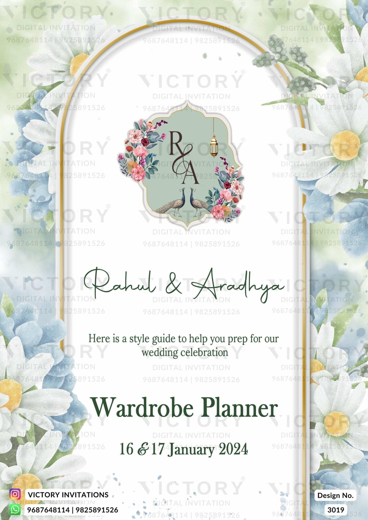 Wardrobe planner invitation card in english language with flowers, couple doodles as floral theme design 3019