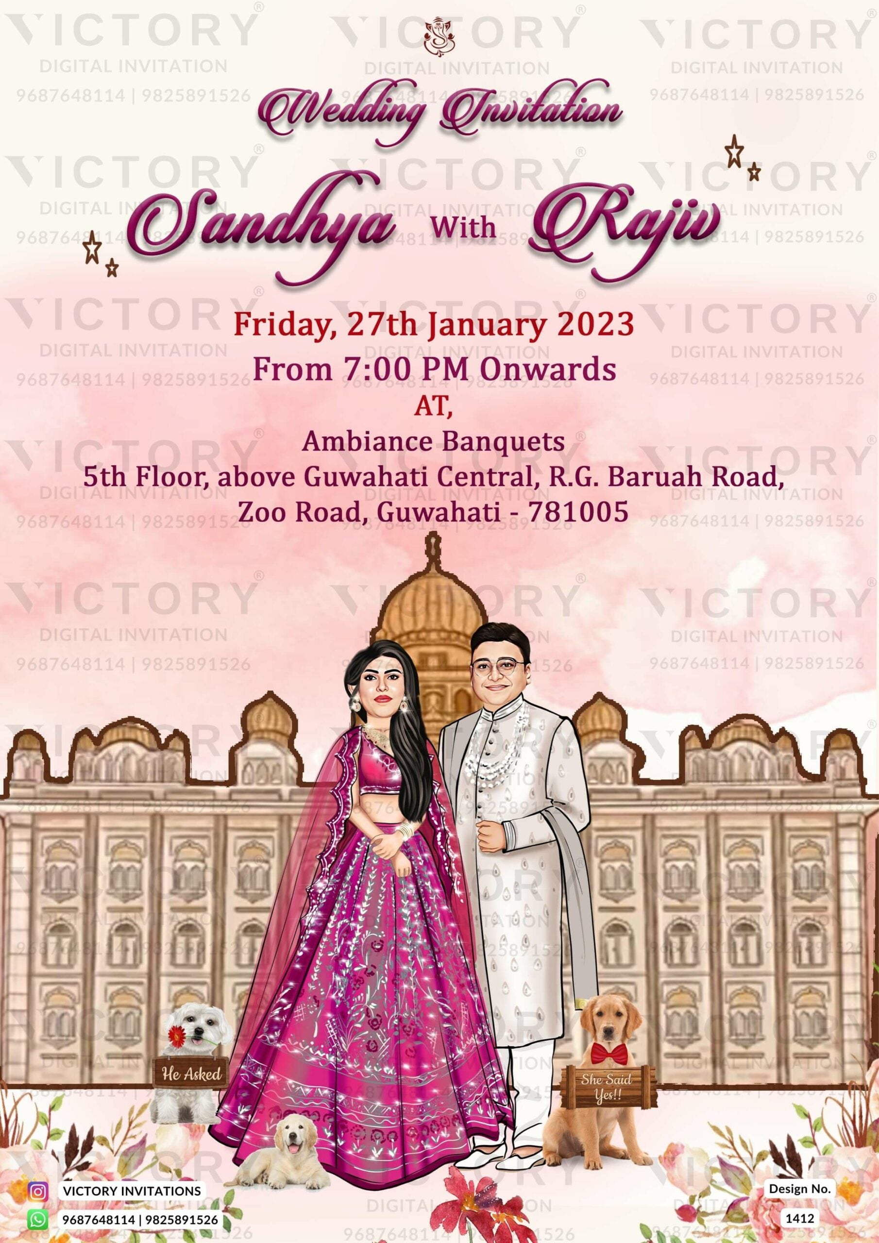 Traditional couple caricature invitation card for wedding ceremony of Assamese family in english language with royal theme design 1412