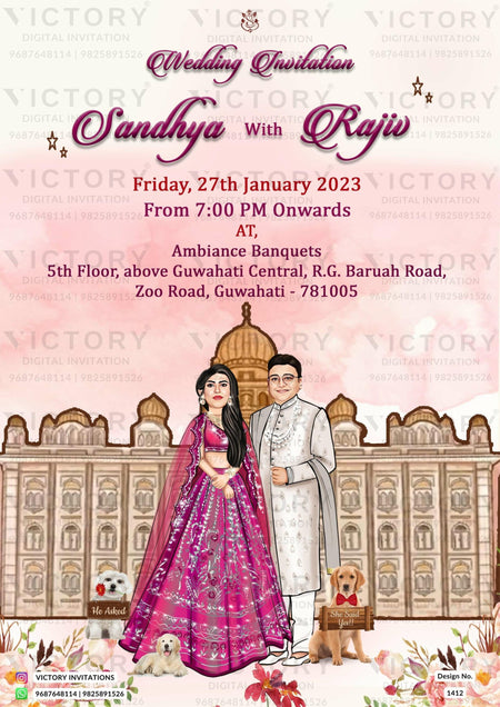 Traditional couple caricature invitation card for wedding ceremony of Assamese family in english language with royal theme design 1412