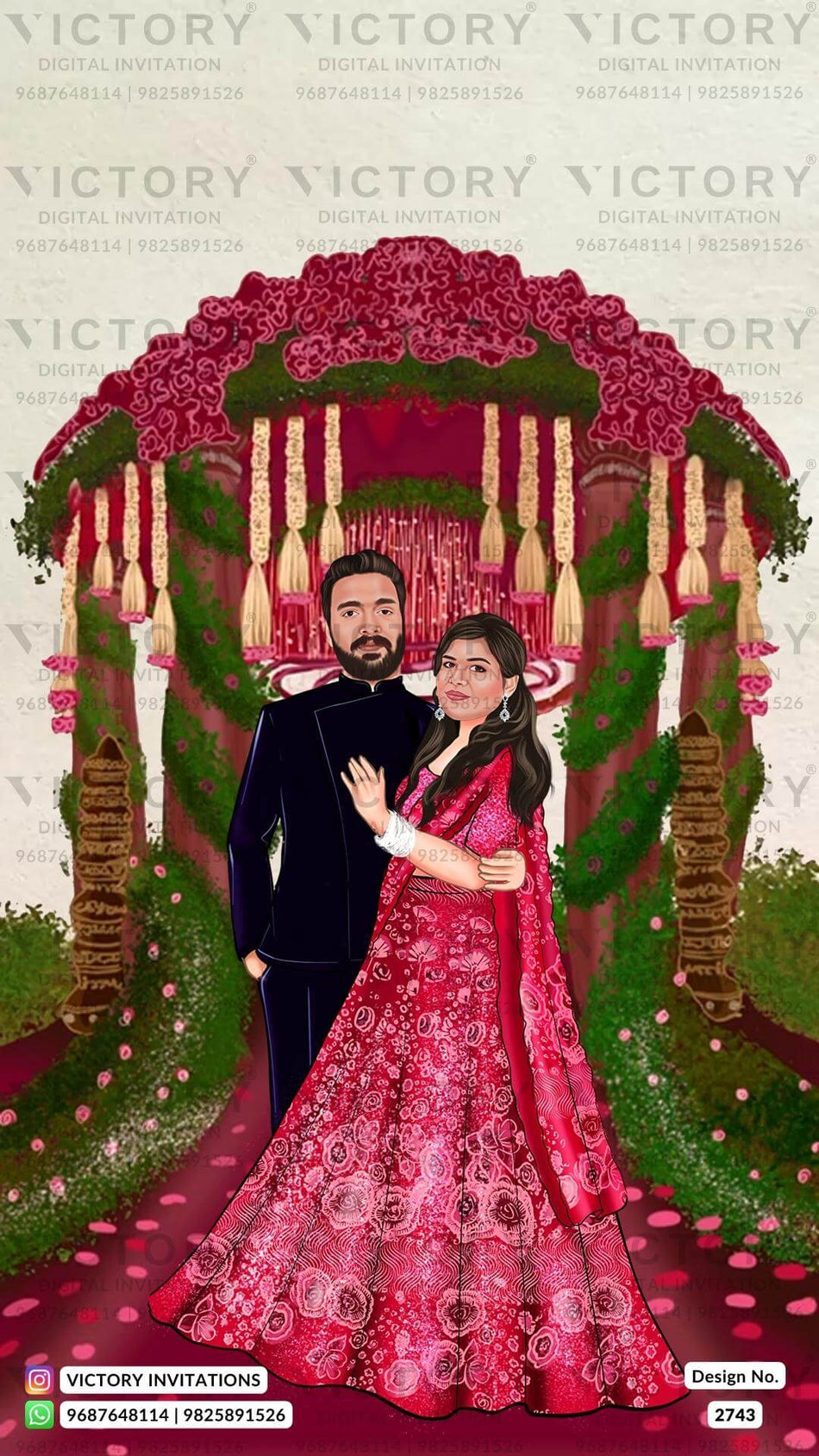Charming couple caricature invitation card for wedding ceremony of hindu south indian telugu family in English language with Floral Design 2743
