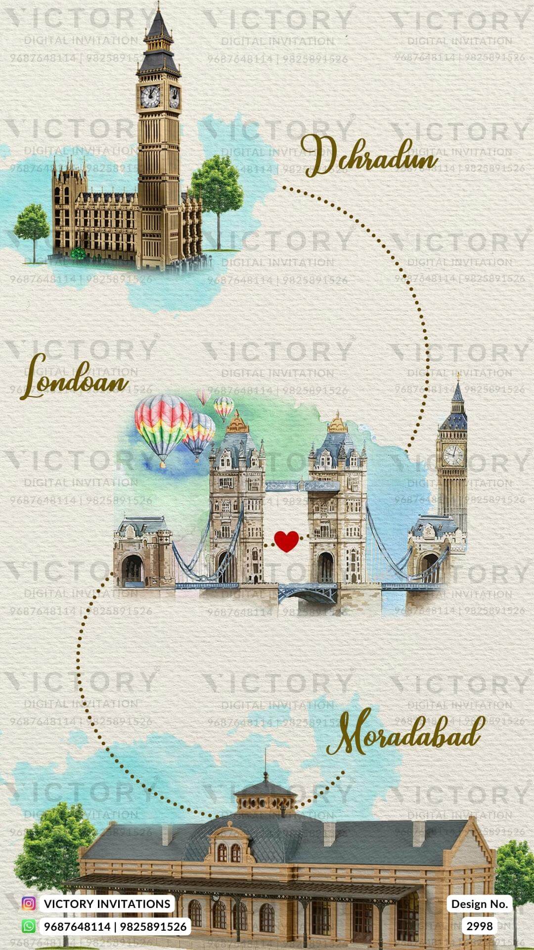 Wedding ceremony invitation card of hindu south indian malayali family in English language with Two country theme design 2998