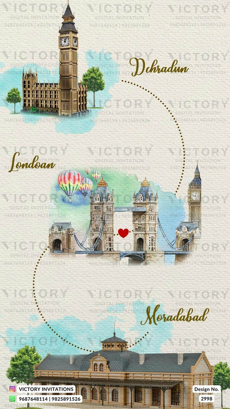 Wedding ceremony invitation card of hindu south indian malayali family in English language with Two country theme design 2998