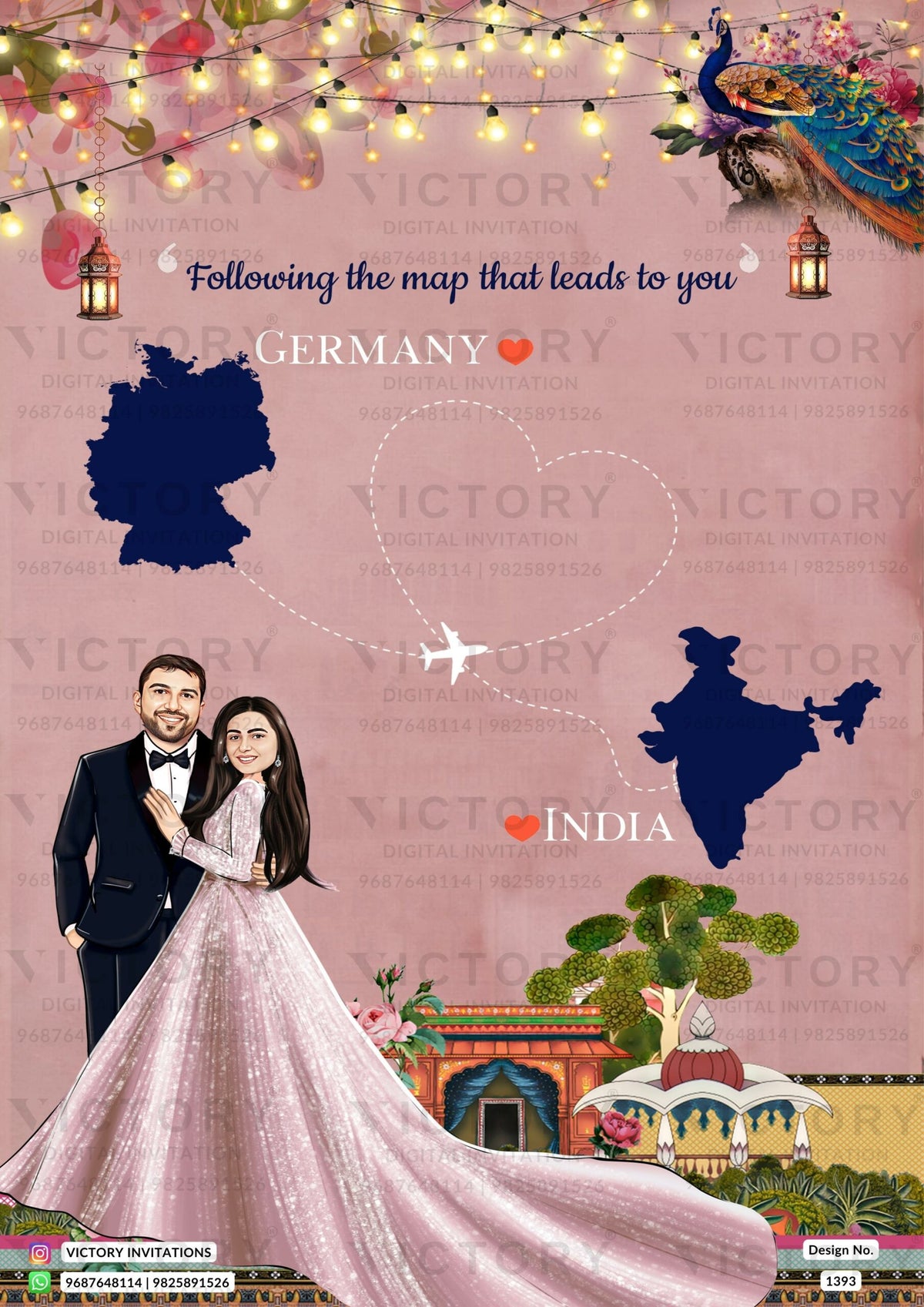 Stylish couple caricature invitation card for wedding ceremony of hindu maharashtrian marathi family in english language with Shining theme design 1393