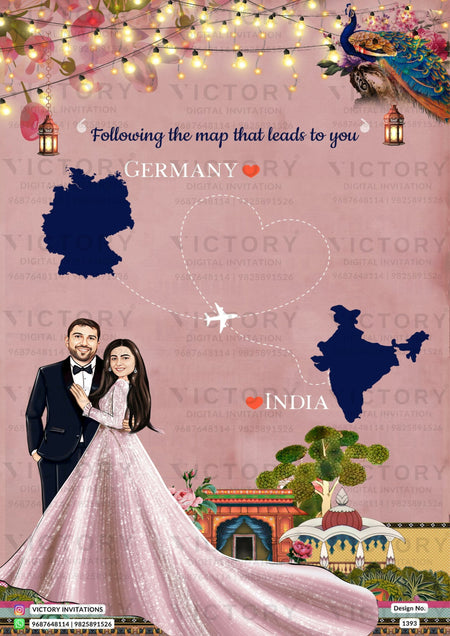 Stylish couple caricature invitation card for wedding ceremony of hindu maharashtrian marathi family in english language with Shining theme design 1393