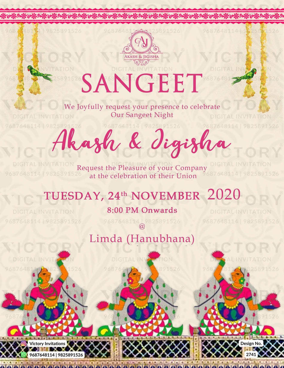 Wedding ceremony invitation card of hindu gujarati leuva family in English language with traditional theme design 2741