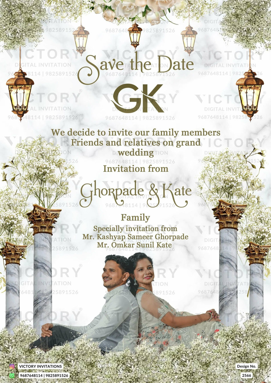 Wedding ceremony invitation card of hindu maharashtrian marathi family in english language with couple photo floral theme design 2566