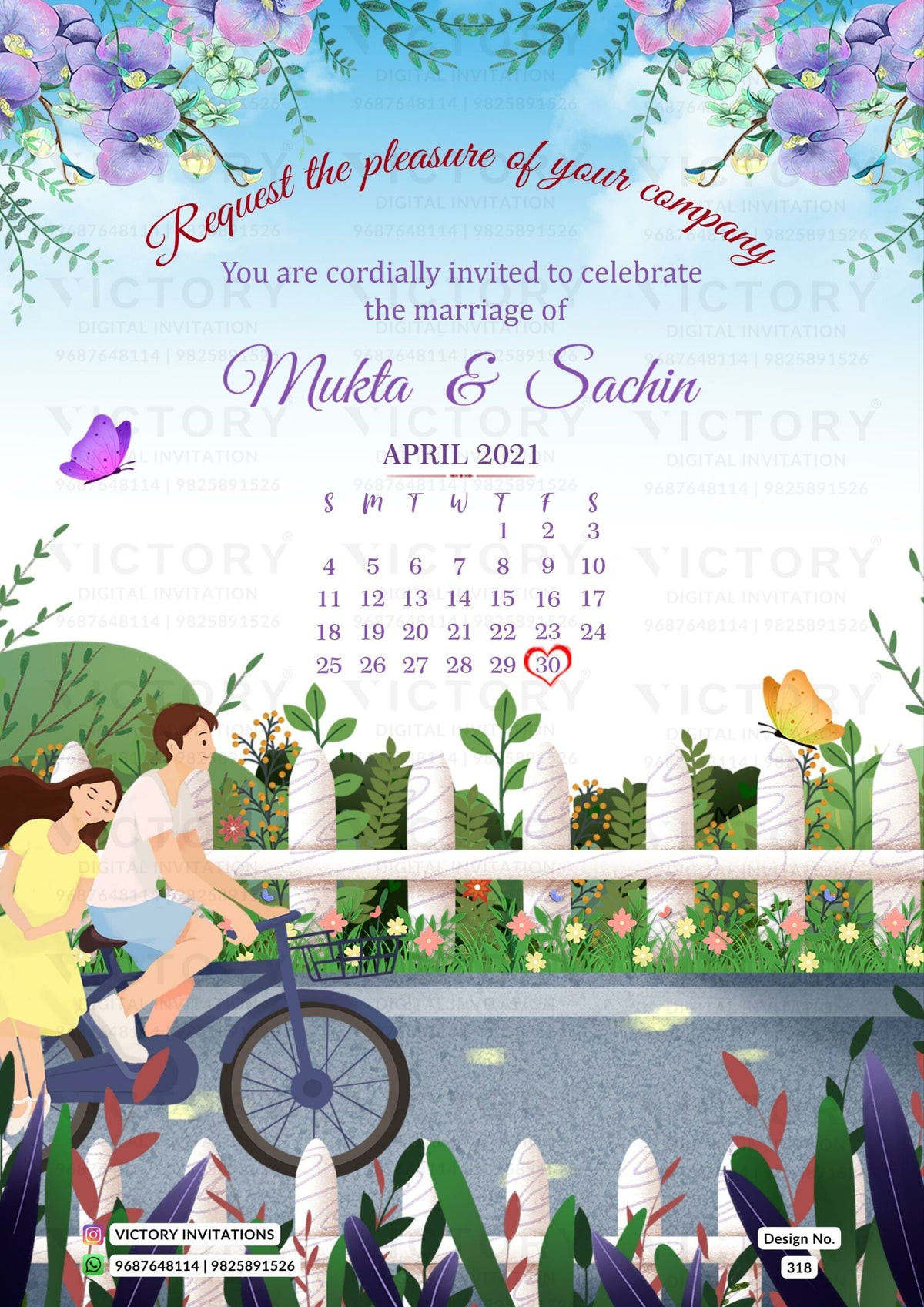 Wedding ceremony invitation card of hindu punjabi haryanvi family in English language with garden theme design 318