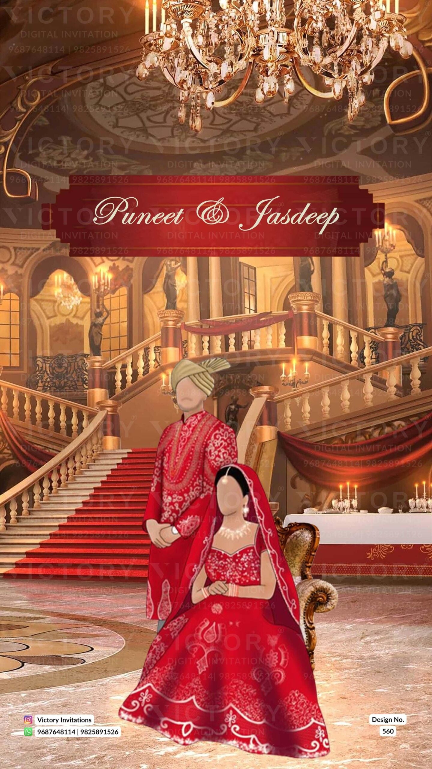 Wedding ceremony invitation card of hindu punjabi sikh family in English language with floral theme design 560