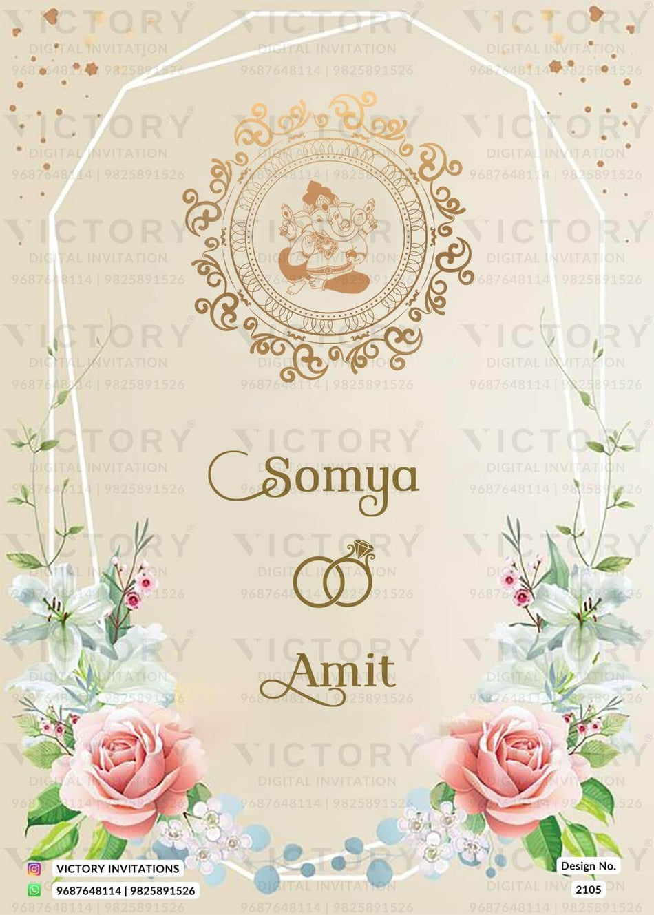 Engagement ceremony invitation card in english language with couple dodle, frame as floral theme design 2105