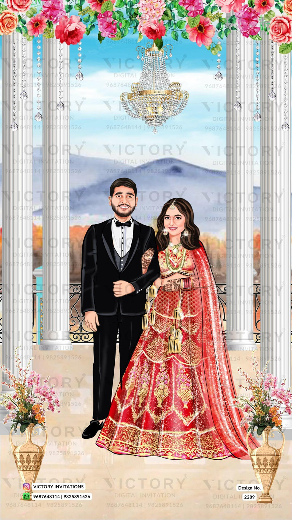stylish couple caricature invitation card for Reception Party in English language with flowers, pillars as traditional theme design 2289