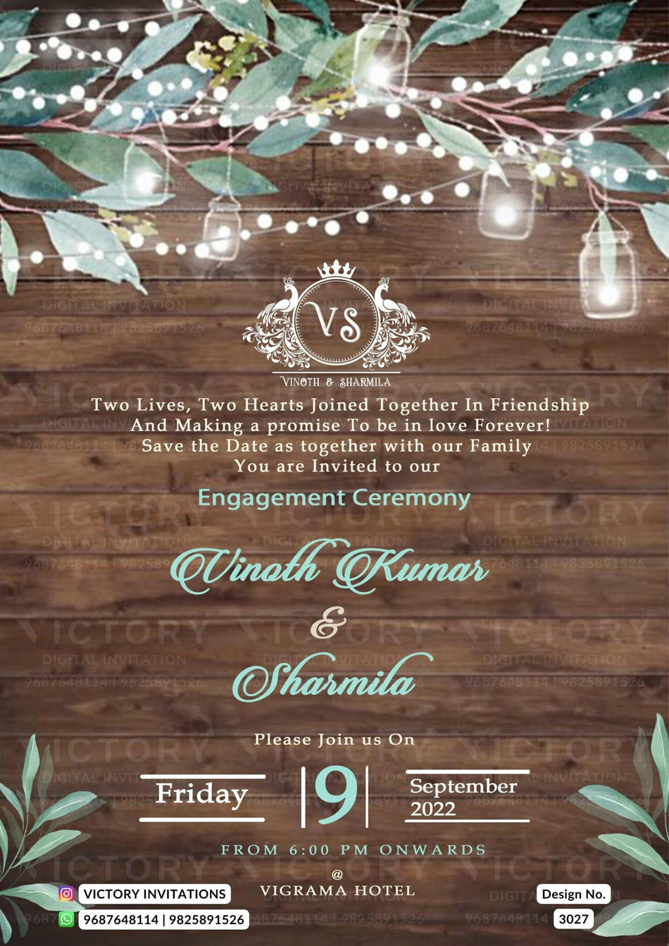 Wedding ceremony invitation card of hindu south indian tamil family in english language with arch theme design 3027