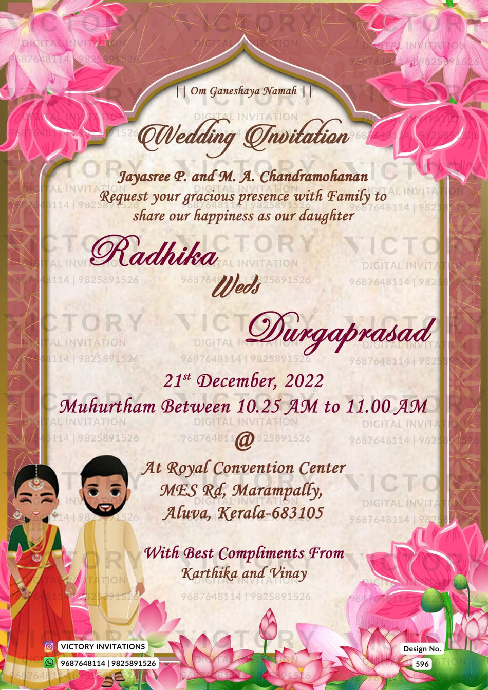 Wedding ceremony invitation card of hindu south indian malayali family in English language with floral theme design 596