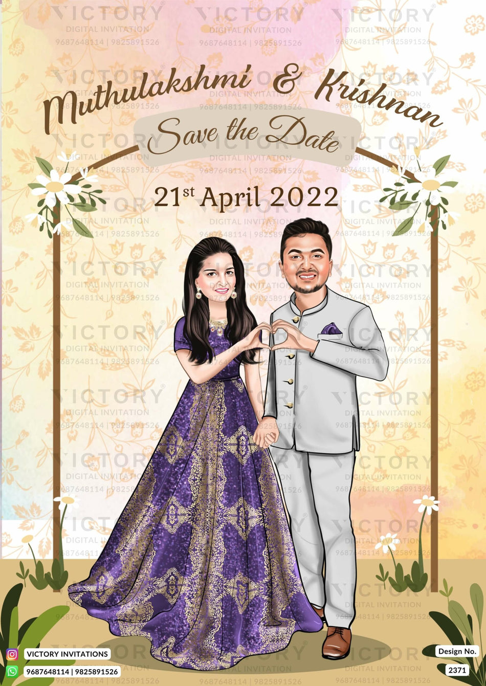 Romantic couple caricature invitation card for wedding ceremony of south indian tamil family in english language with floral theme design 2371