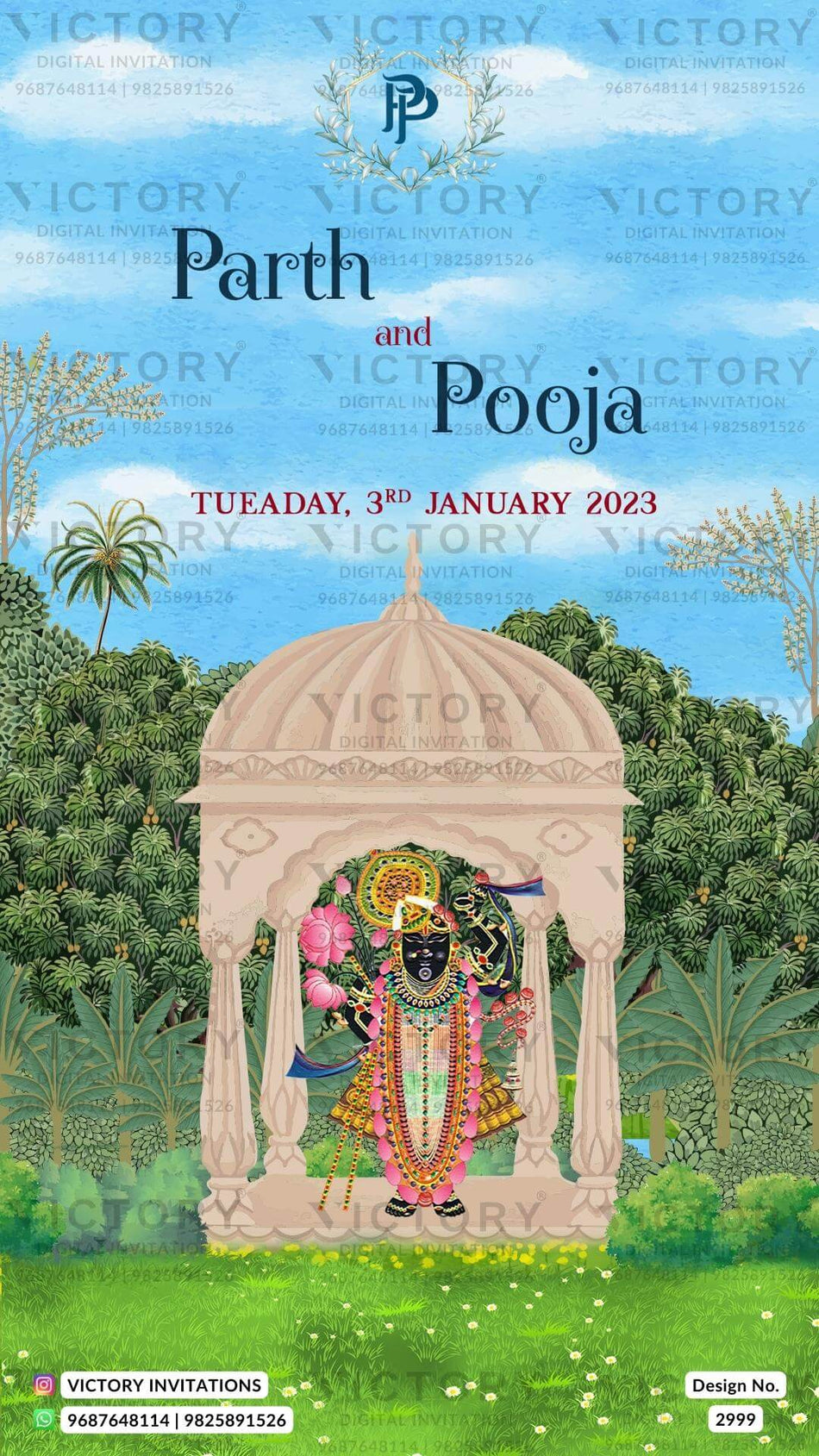 Wedding ceremony invitation card of hindu gujarati patel family in English language with Garden theme design 2999.