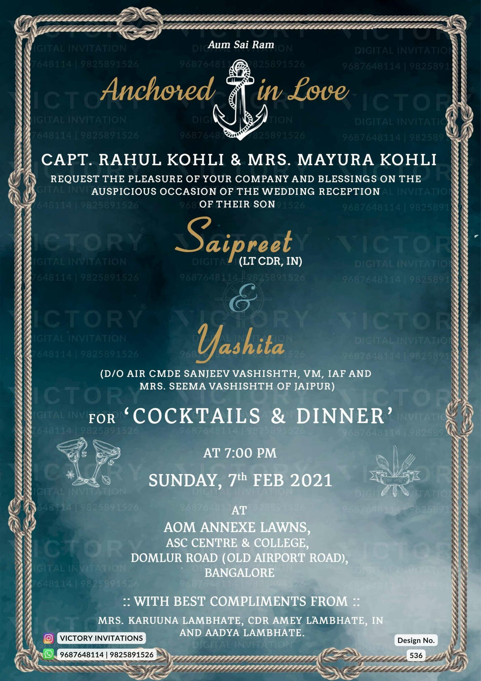 Wedding ceremony invitation card of hindu south indian kannada family in English language with navy theme design 536