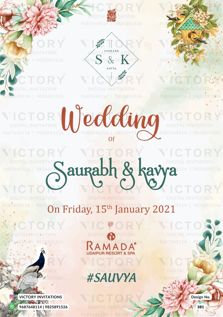 Wedding ceremony invitation card of hindu rajasthani marwari family in English language with floral theme design 381