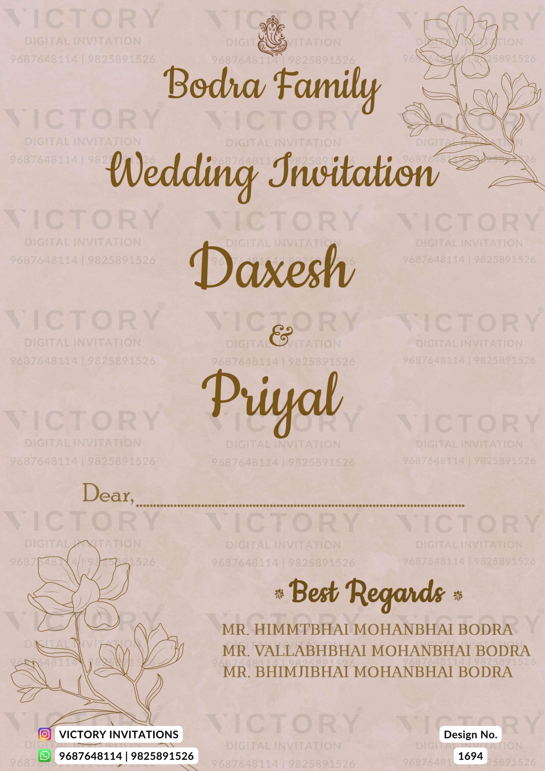 Wedding ceremony invitation card of hindu gujarati patel family in English language with minimalistic theme design 1694