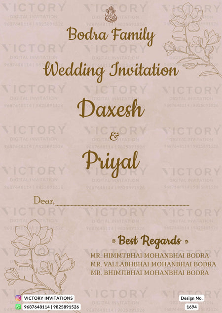 Wedding ceremony invitation card of hindu gujarati patel family in English language with minimalistic theme design 1694