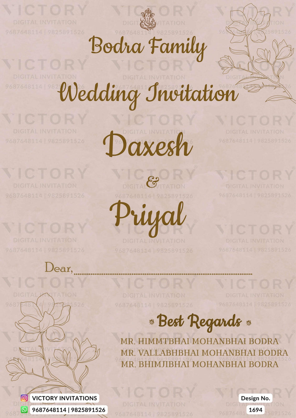 Wedding ceremony invitation card of hindu gujarati patel family in English language with minimalistic theme design 1694
