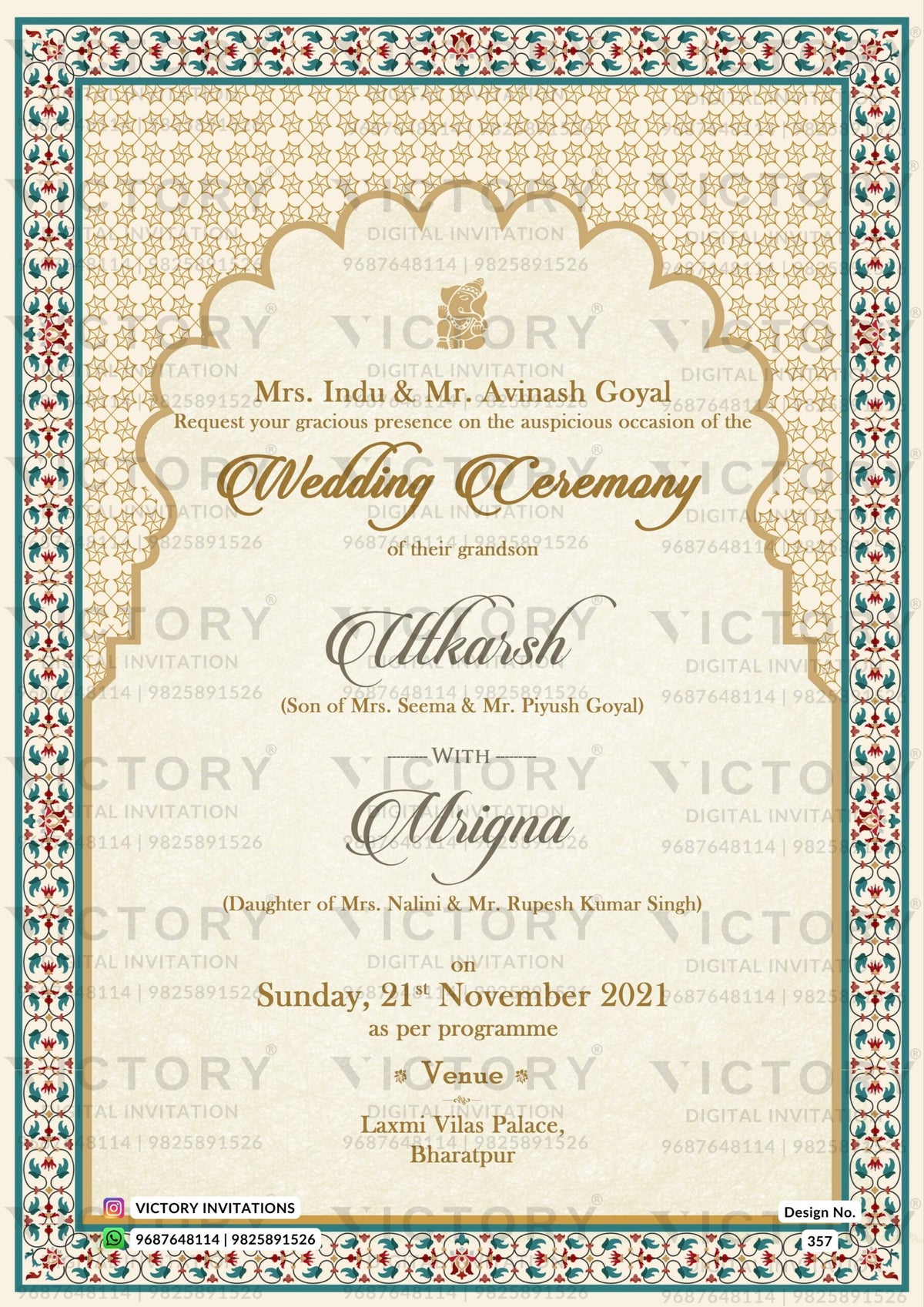 Wedding ceremony invitation card of hindu punjabi sikh family in English language with minimalistic theme design 357