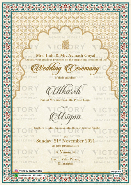Wedding ceremony invitation card of hindu punjabi sikh family in English language with minimalistic theme design 357
