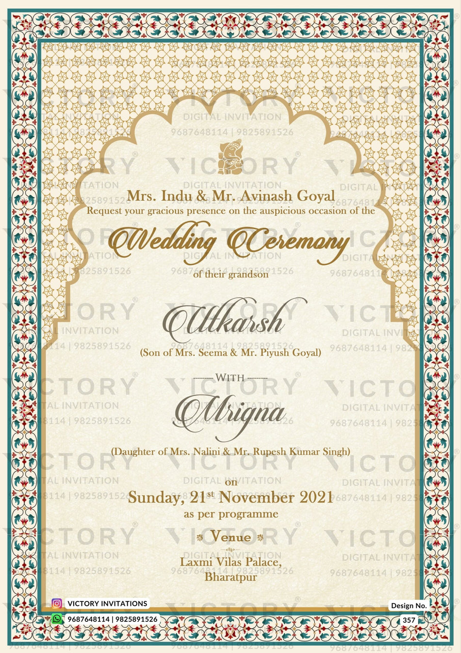 Wedding ceremony invitation card of hindu punjabi sikh family in English language with minimalistic theme design 357