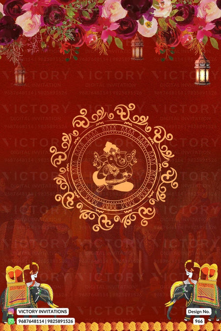Wedding ceremony invitation card of hindu south indian telugu family in English language with traditional theme design 966