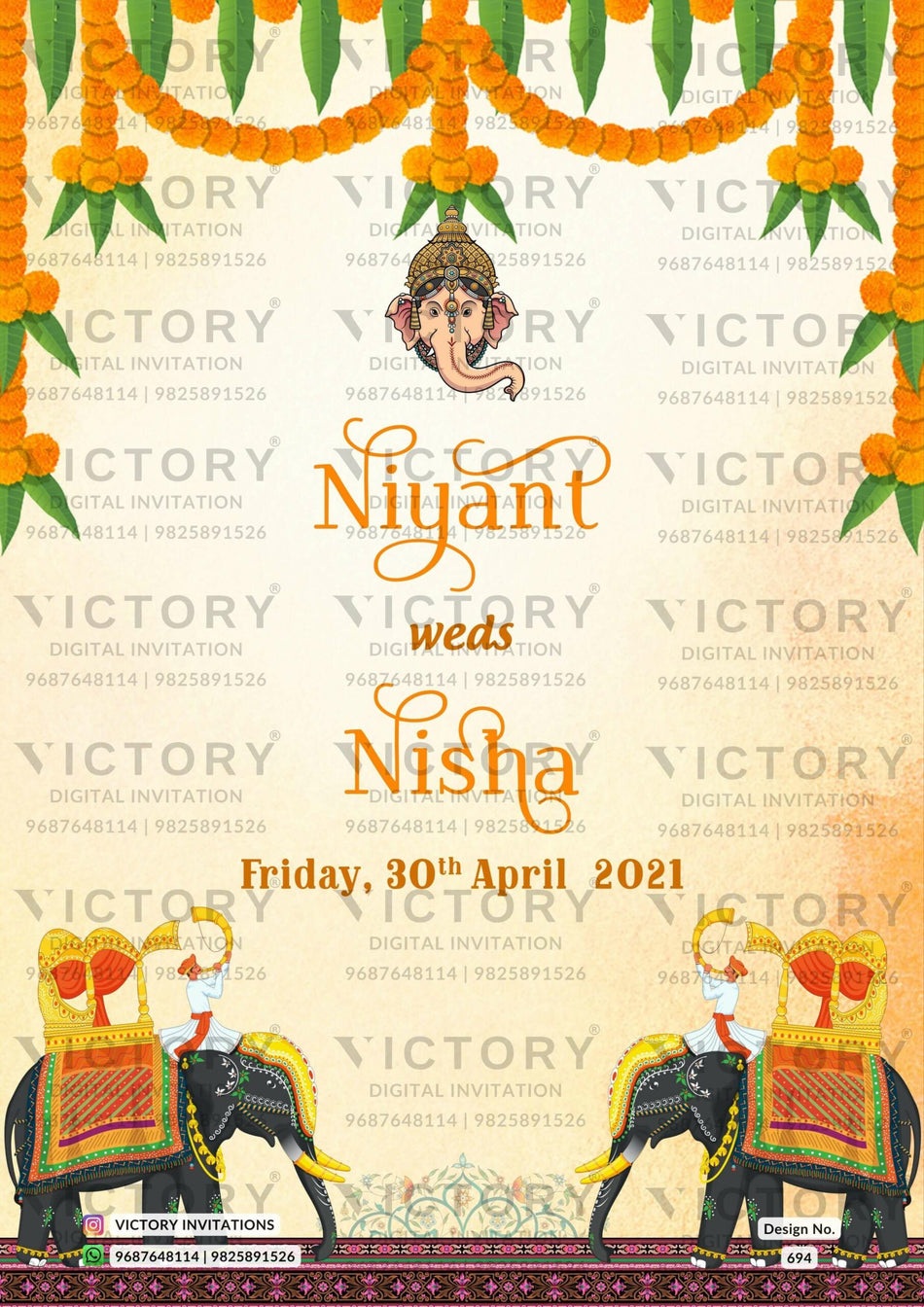 Wedding ceremony invitation card of hindu maharashtrian marathi family in English language with traditional theme design 694