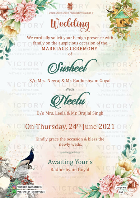 Wedding ceremony invitation card of hindu north indian bhojpuri family in English language with floral theme design 365