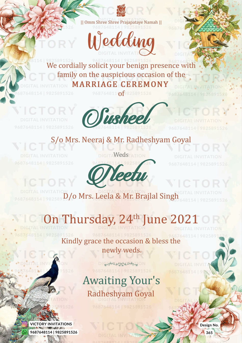 Wedding ceremony invitation card of hindu north indian bhojpuri family in English language with floral theme design 365