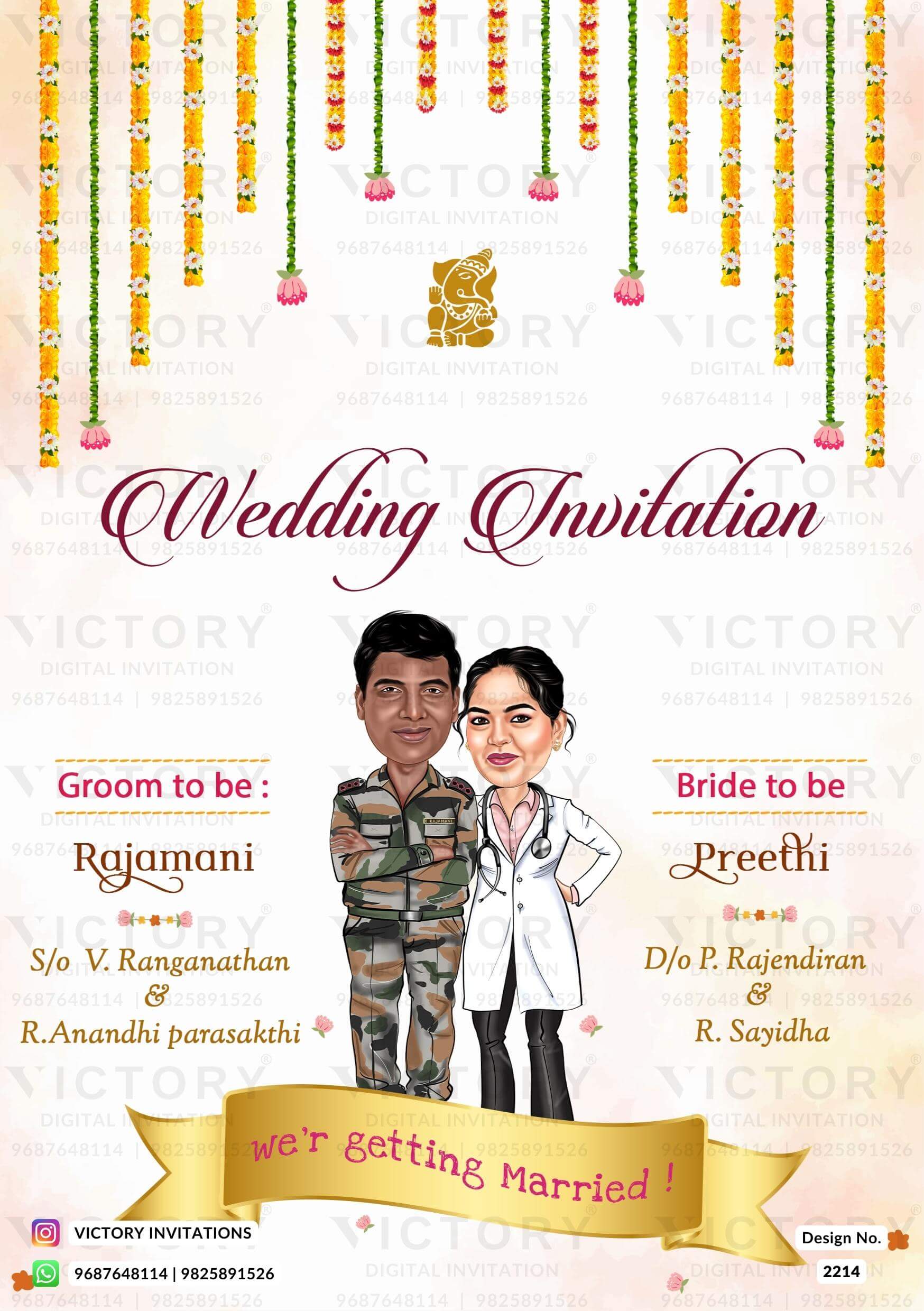 Navy and Doctor couple caricature invitation card for wedding ceremony of south indian tamil family in english language with minimalistic theme design 2214
