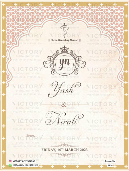 Chandla vidhi Engagement invitation card in gujarati language with couple logo, arch as traditional theme design 2930