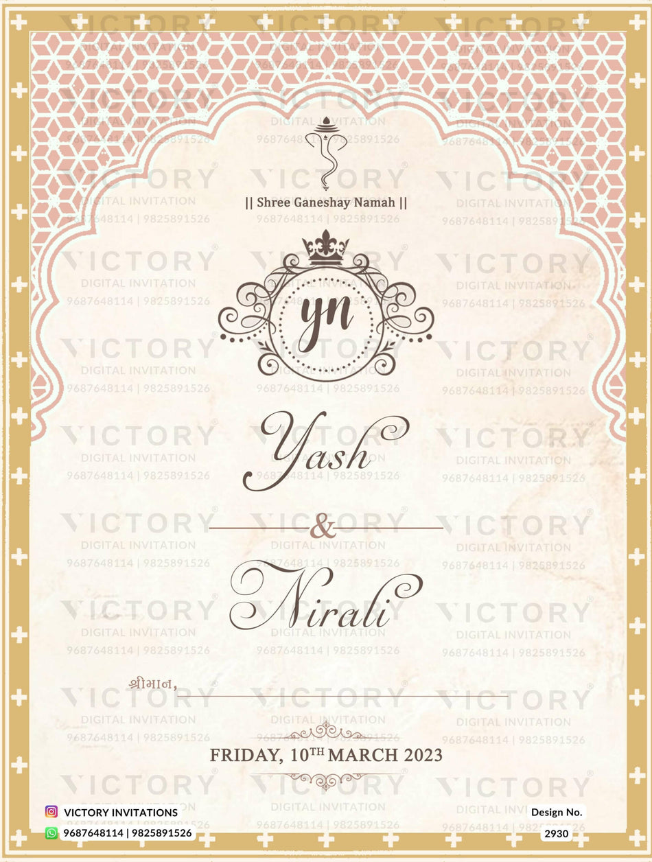 Chandla vidhi Engagement invitation card in gujarati language with couple logo, arch as traditional theme design 2930