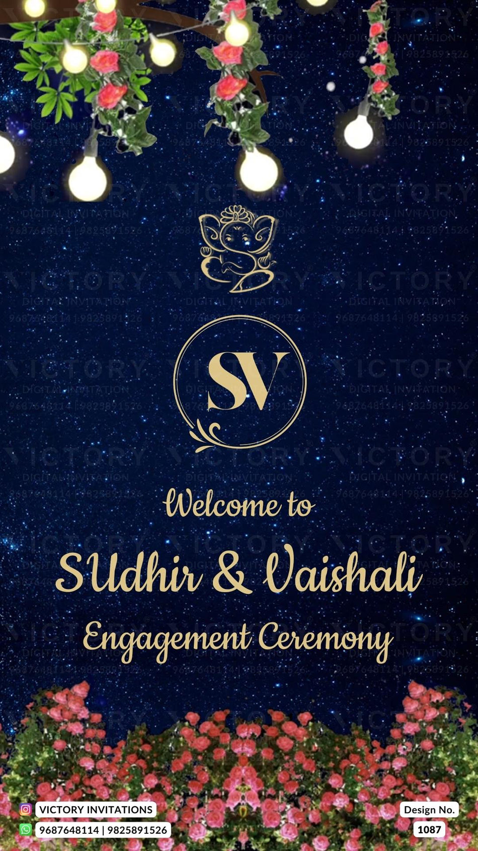 Engagement ceremony invitation card in english language with couple doodle, flowers as night theme design 1087