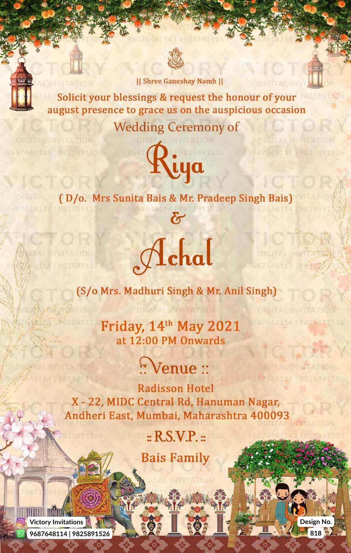 Wedding ceremony invitation card of hindu maharashtrian marathi family in English language with minimalistic theme design 818
