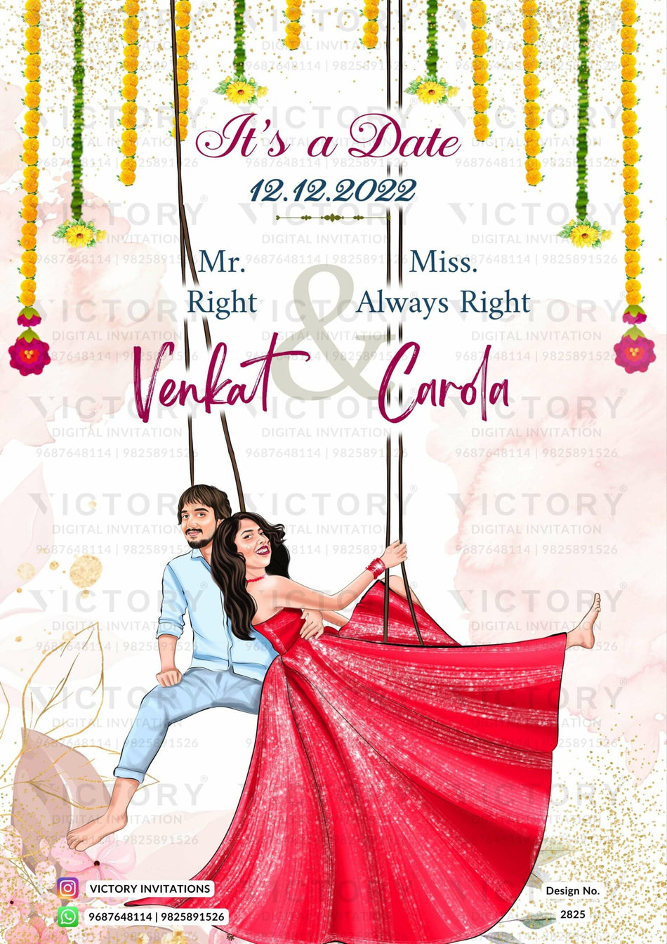 Charming couple caricature invitation card for wedding ceremony of hindu south indian tamil family in English language with Artistic leave Design 2825