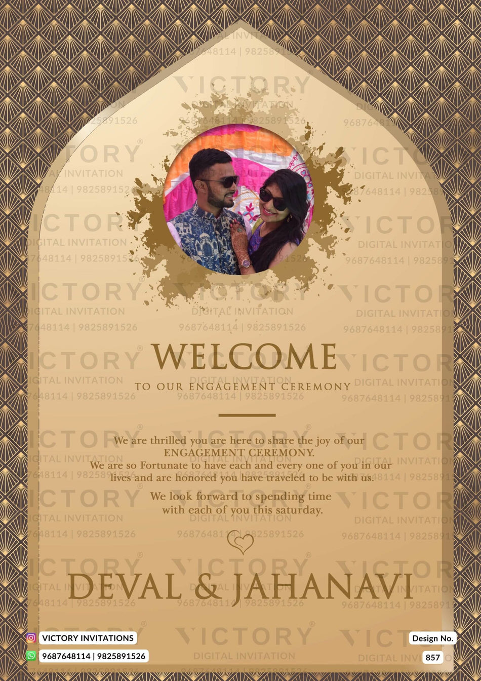 Engagement ceremony invitation card in english language with couple photo as arch frame theme design 857
