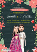 Traditional Charming couple caricature invitation card for wedding ceremony of hindu gujarati Patel family in english language with Floral theme design 375