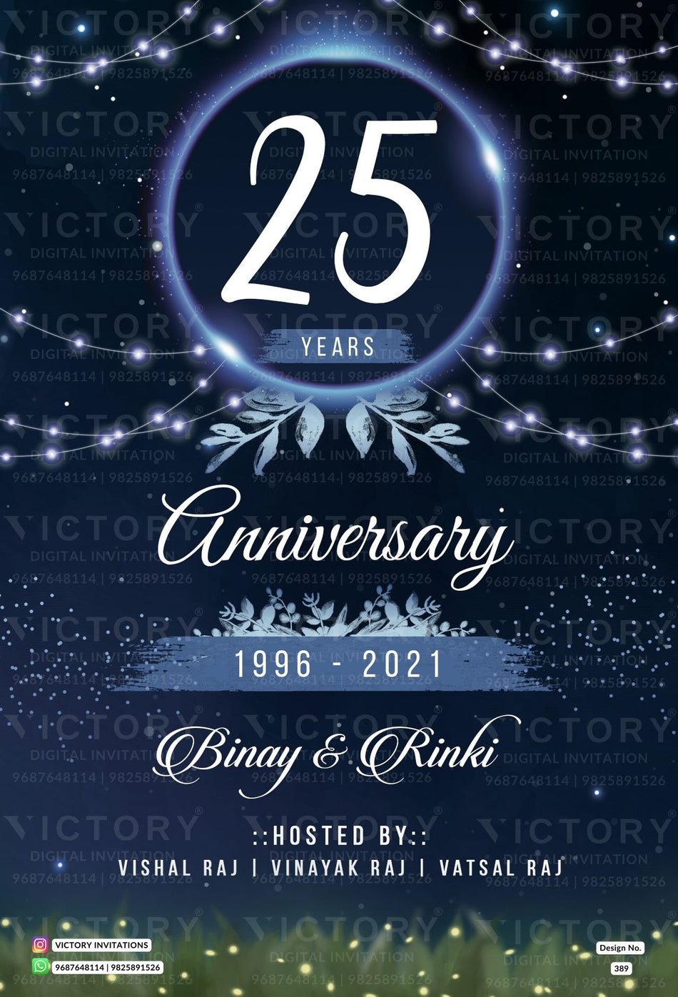 25th Wedding Anniversary invitation card in English language with couple photo, string lights as glittery theme design 389