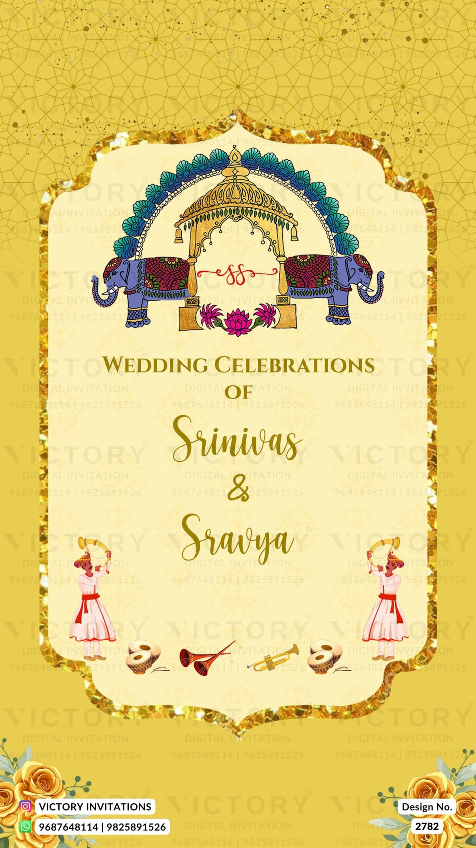 Wedding ceremony invitation card of hindu south indian telugu family in English language with traditional theme design 2782