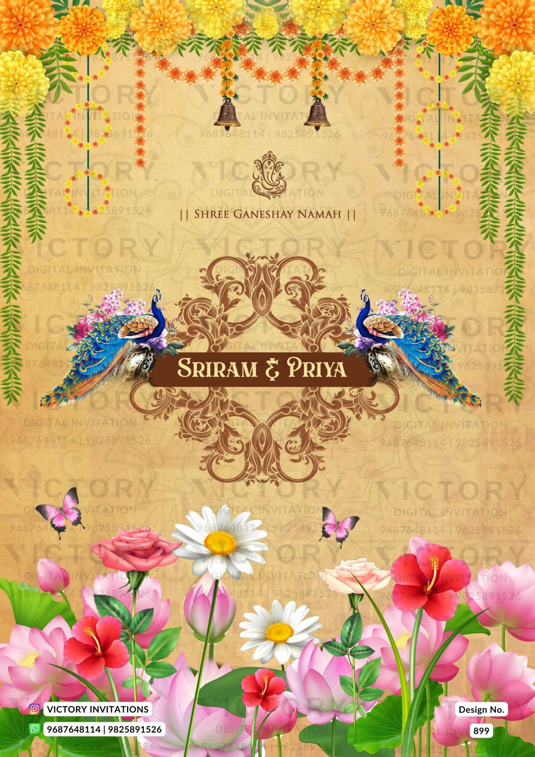 Wedding ceremony invitation card of hindu south indian tamil family in English language with Traditional theme design 899
