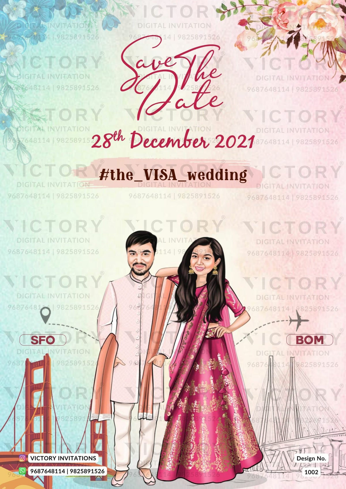 Stylish couple caricature invitation card for wedding ceremony of hindu maharashtrian marathi family in english language with Two state theme design 1002
