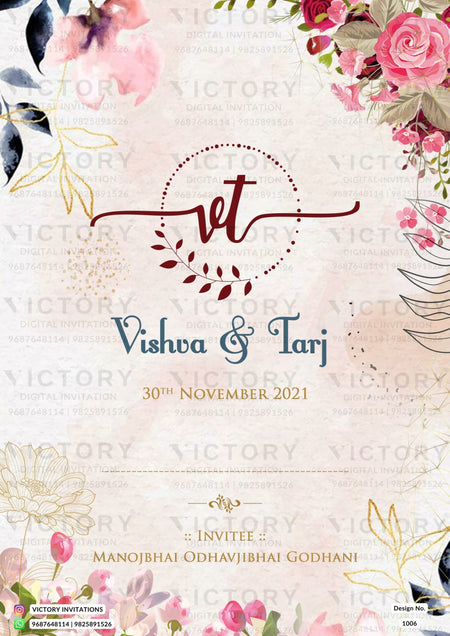 Wedding ceremony invitation card of hindu gujarati patel family in English language with floral theme design 1006