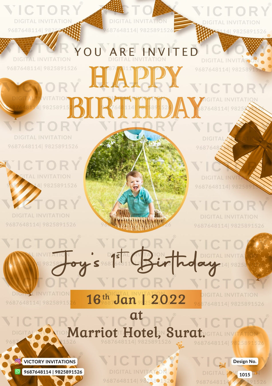 Birthday party invitation card in english language with golden balloon theme design 1015