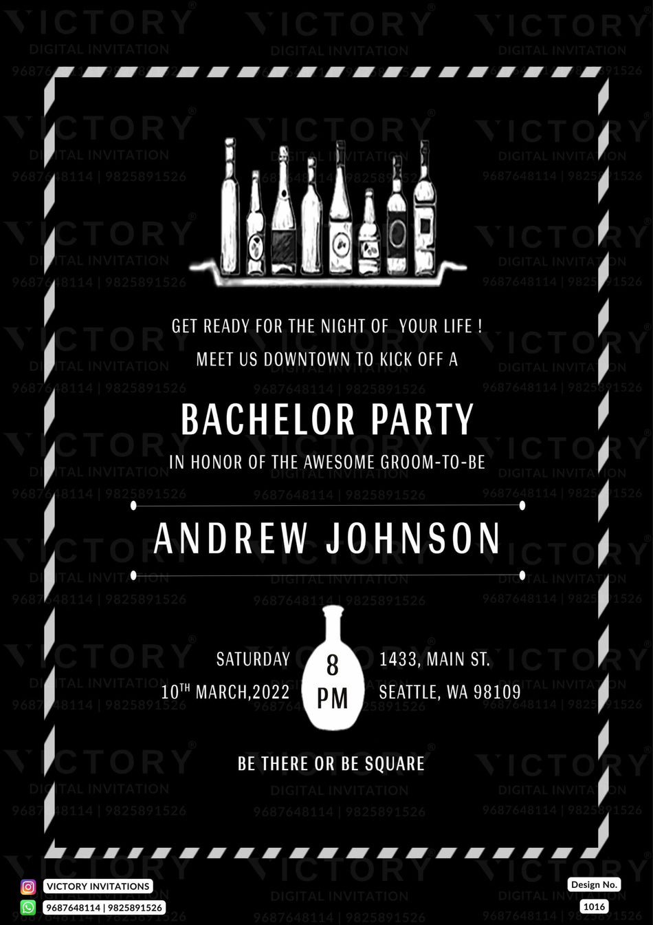 Bachelor Party invitation card in english language with boottle as minimalistic theme design 1016