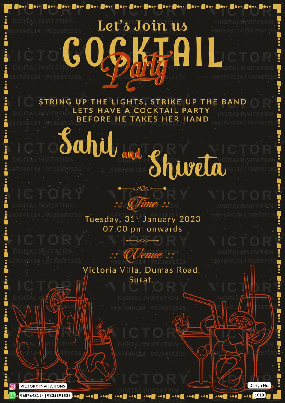 Cocktail Party invitation card in english language with frame as vintage theme design 1018